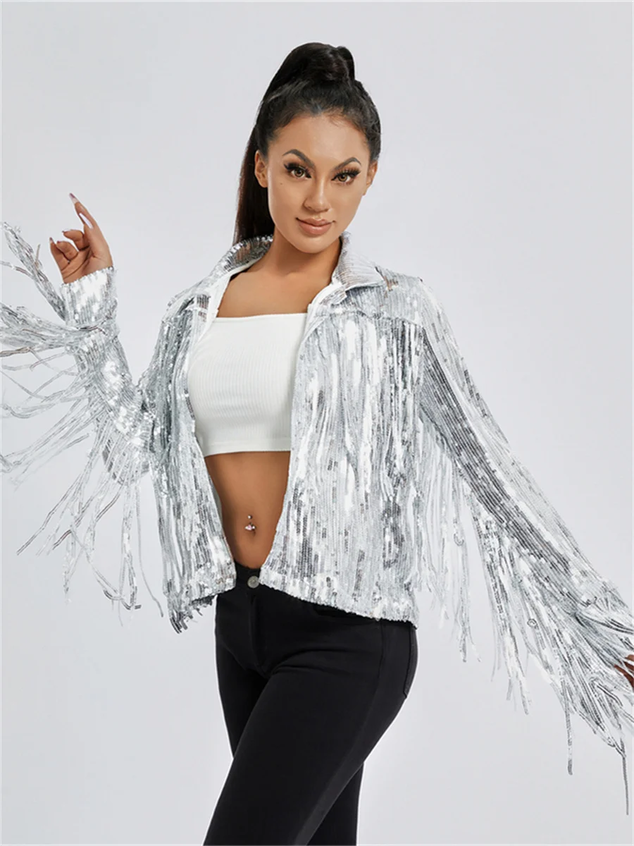 2023 Fall Shiny Sequins Tassels Blazers Jackets Women Long Sleeve Turn down Collar Cardigans Coats Retro Disco Outwear
2023 Fall Shiny Sequins Tassels Blazers Jackets Women Long Sleeve Turn down Collar Cardigans Coats Retro Disco Outwear