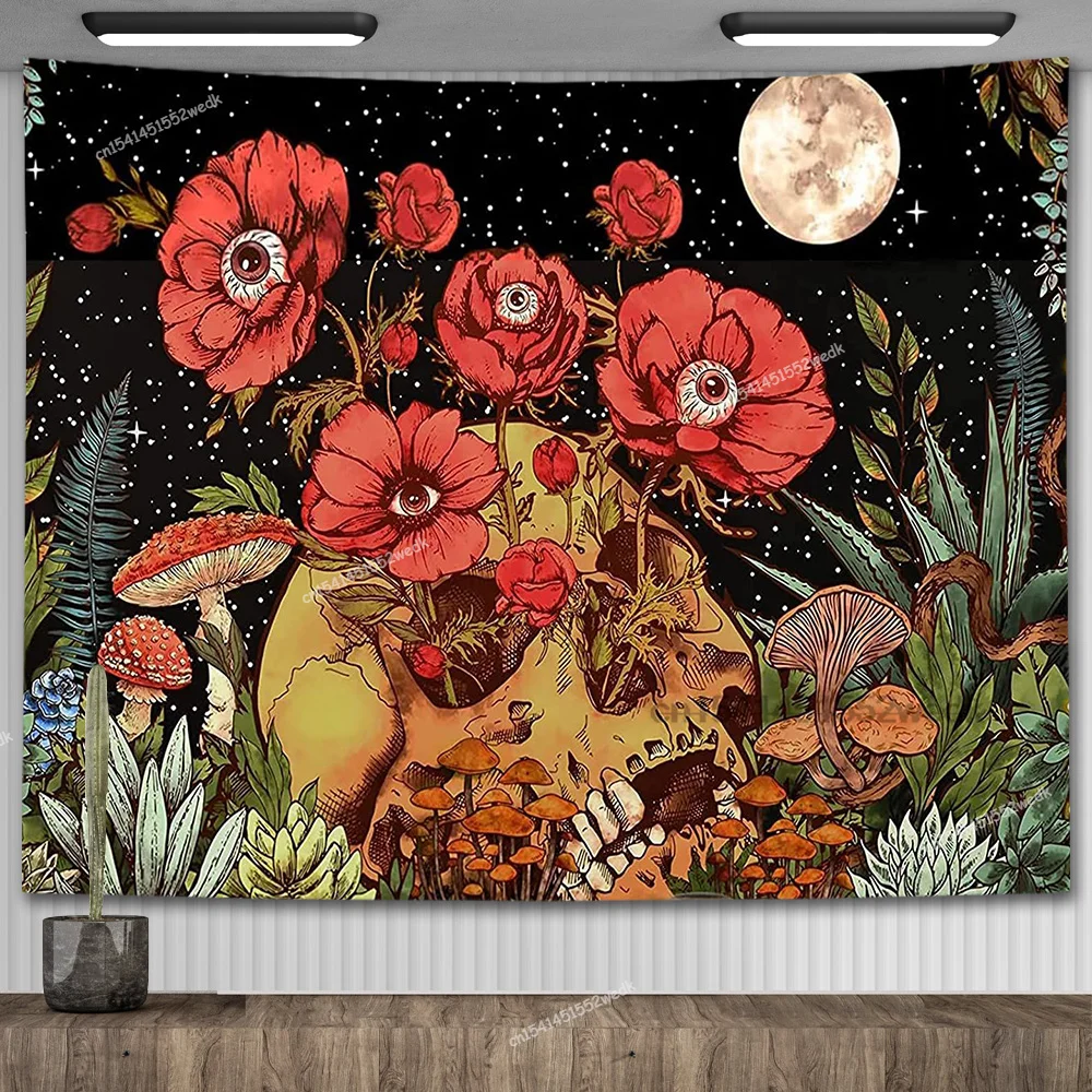 

Hippie Skull Mushroom Tapestry Floral Trippy Moon Garden Tapestries Wall Hanging Aesthetic Room Decor Tapestrys Home Decoration