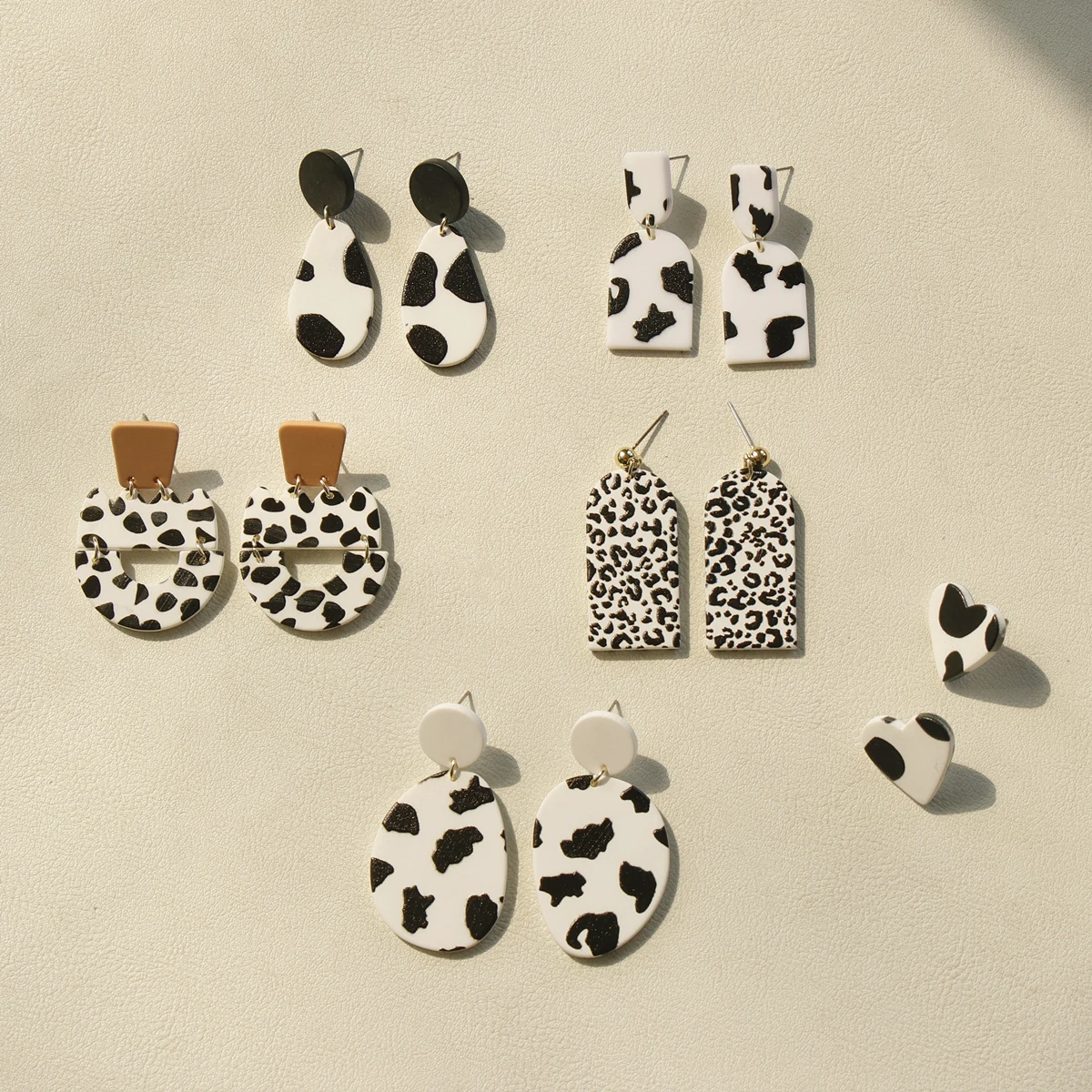 

New Black White Minimalist Dangle Earrings Trendy Cow Unique Polymer Clay Drop Earrings For Women 2022 Cute Leopard Jewelry