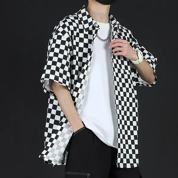 

Men Chess Shirt Summer Loose Grid Blouse Black and White Checkerboard Fashion Casual New
