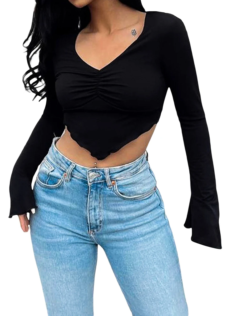 Y2k Women T-shirt Long Sleeve Drawstring V Neck Backless Chained Pleated Irregular Fashion Skinny Crop Top Club Party Streetwear 
Y2k Women T-shirt Long Sleeve Drawstring V Neck Backless Chained Pleated Irregular Fashion Skinny Crop Top Club Party Streetwear