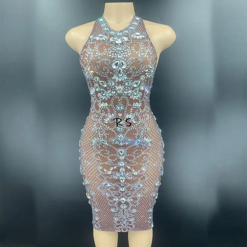 Mesh Silver Rhinestones Transparent Dress Birthday Sleeveless Dress See Through Women
Mesh Silver Rhinestones Transparent Dress Birthday Sleeveless Dress See Through Women