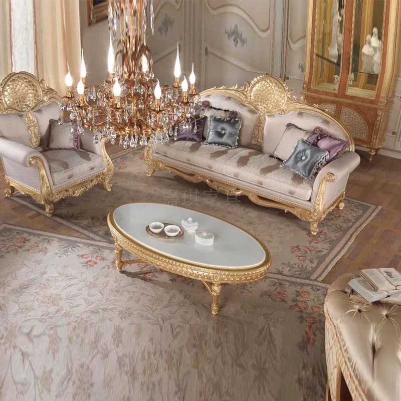 Custom European luxury solid wood sofa fabric carved gold foil French palace villa living room furniture
Custom European luxury solid wood sofa fabric carved gold foil French palace villa living room furniture