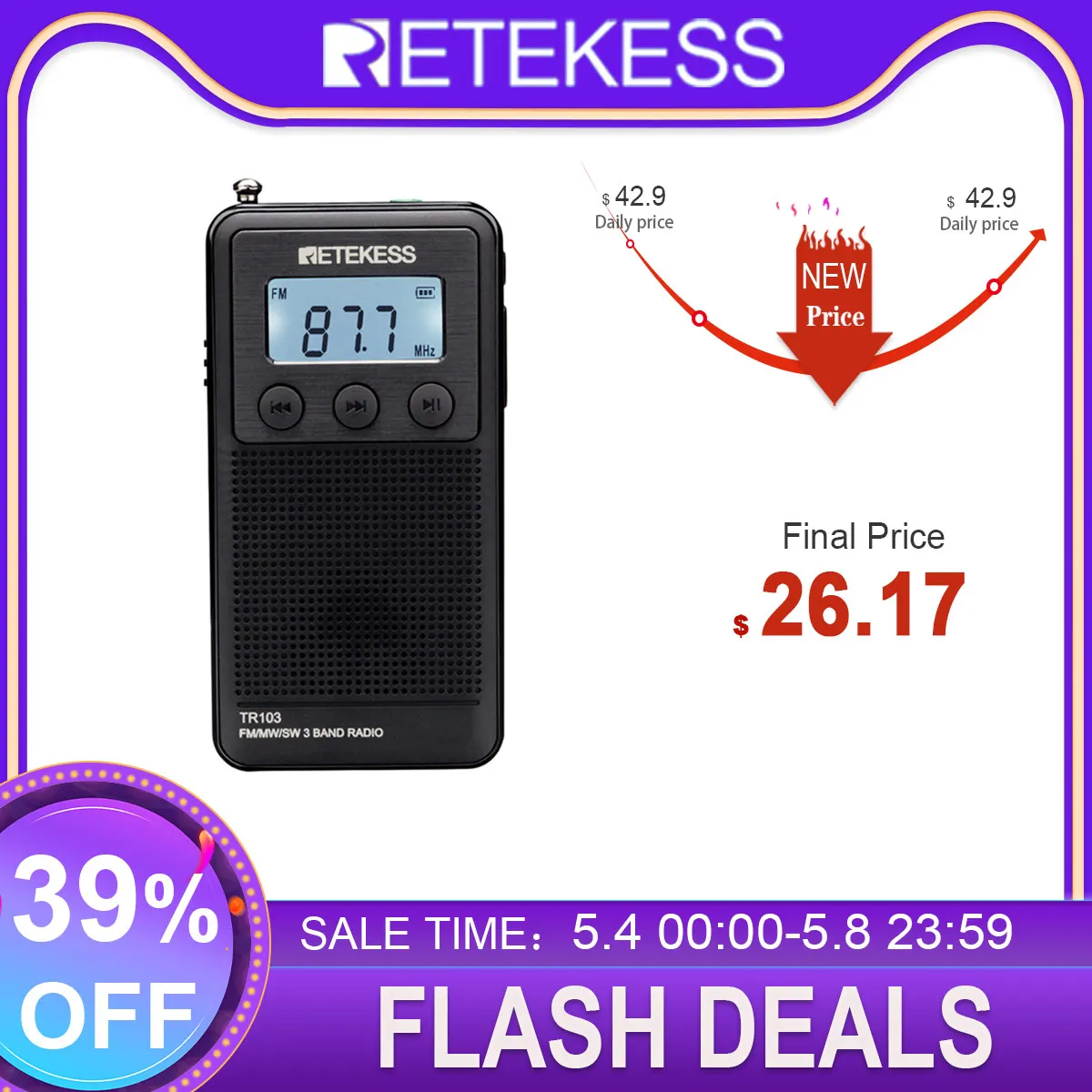 Retekess TR103 Pocket Portable Mini Radio FM / MW / SW Digital Tuning Radio 9/10Khz MP3 Music Player with Rechargeable Battery
Retekess TR103 Pocket Portable Mini Radio FM / MW / SW Digital Tuning Radio 9/10Khz MP3 Music Player with Rechargeable Battery