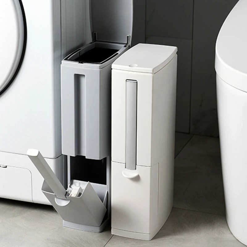 Slim Plastic Narrow Trash Can with Toilet Brush Holder Garbage Storage Organizer with Press Top Lid Modern Waste Can
Slim Plastic Narrow Trash Can with Toilet Brush Holder Garbage Storage Organizer with Press Top Lid Modern Waste Can