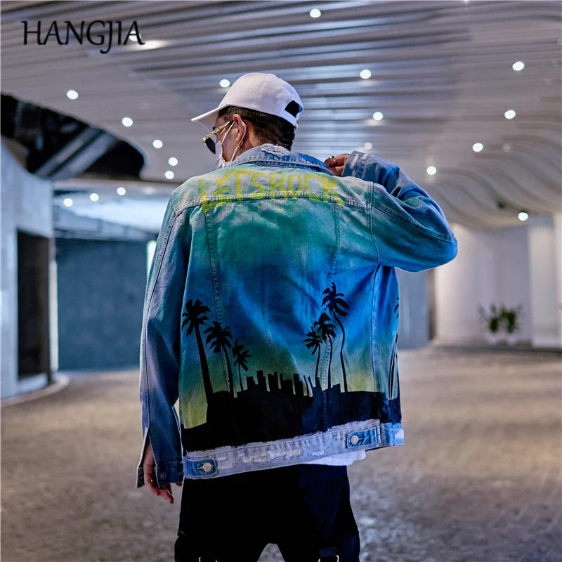 Denim Streetwear Hip-hop Washed Destroyed Man Coconut Tree Print Loose Jacket Men's Spring Autumn
Denim Streetwear Hip-hop Washed Destroyed Man Coconut Tree Print Loose Jacket Men's Spring Autumn
