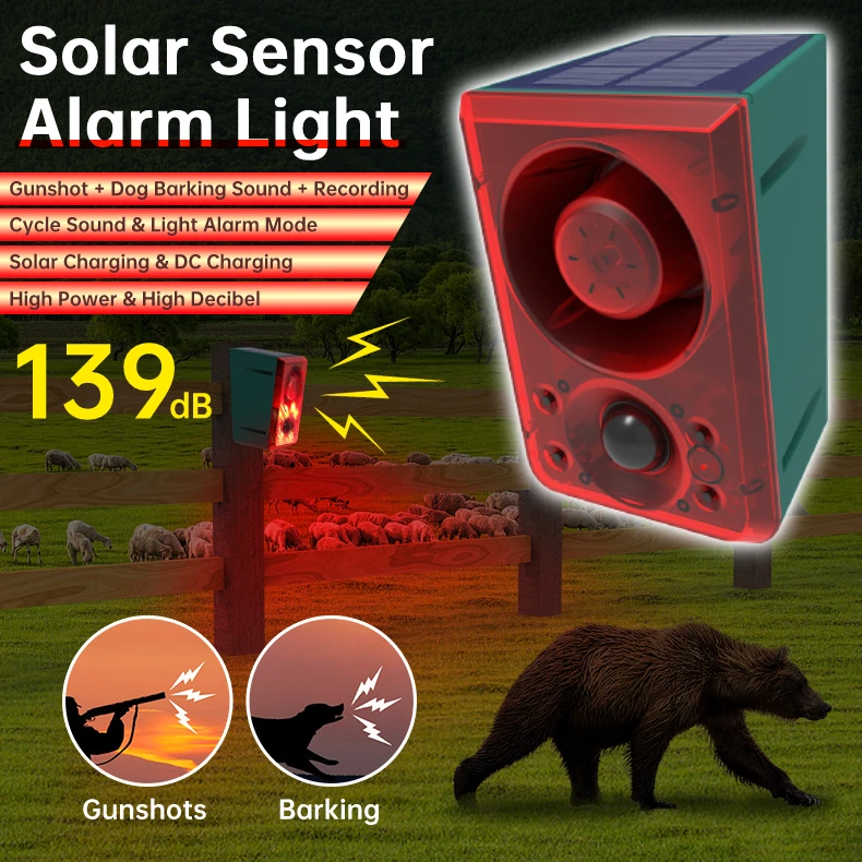 

Solar Powered Infrared Motion Sensor Detector Siren Strobe Alarm Light System Waterproof High Decibel Animal Repellent Security