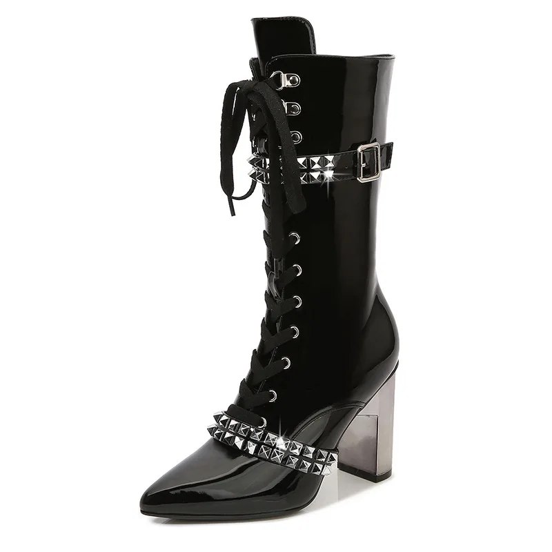 Women Elegant Middle Boots Patent Leather Black Rivets Lace-up Pointed Toe Chunky Heels Fashion Street Daily Women Shoes KC213
Women Elegant Middle Boots Patent Leather Black Rivets Lace-up Pointed Toe Chunky Heels Fashion Street Daily Women Shoes KC213