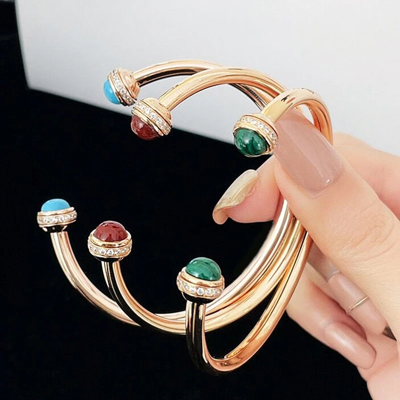 

European Hot Selling Rose Gold Rotable Gem Bracelet Women's Luxury Peacock Red Agate Turquoise Fashion Party Brand Jewelry