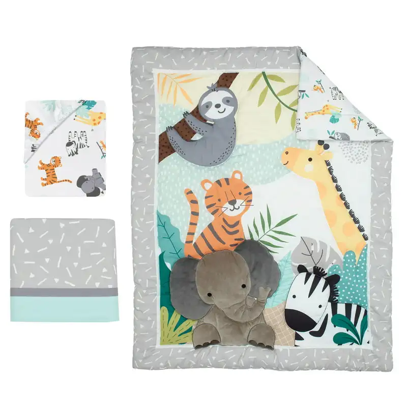 

Mighty Jungle Animals 3-PieceGray Baby Nursery Crib Bedding Set