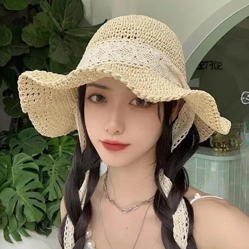Japanese Literary Artistic Lace Strapped Straw Hat Outdoor Seaside Beach Big Eaves Sun Protection Straw Women's Sweet Sun Cap
Japanese Literary Artistic Lace Strapped Straw Hat Outdoor Seaside Beach Big Eaves Sun Protection Straw Women's Sweet Sun Cap