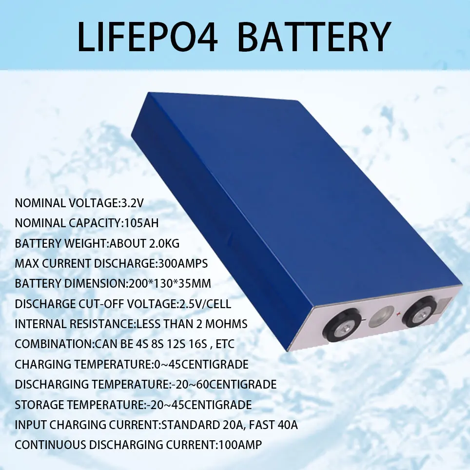 16PCS 3.2V 105Ah lifepo4 battery 3C 300A discharge for DIY 12V 24V 36V 48V 400Ah battery pack boat scooter caravan
16PCS 3.2V 105Ah lifepo4 battery 3C 300A discharge for DIY 12V 24V 36V 48V 400Ah battery pack boat scooter caravan