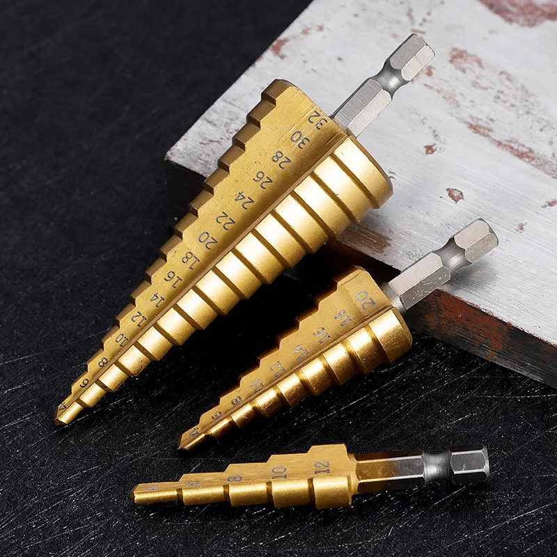 Step Drill Bit Set for Wood Titanium Coated Hard Metal Punch Hole Cutter Woodworking Tools Stepped Drills 32mm Hex Cone Bits Kit
Step Drill Bit Set for Wood Titanium Coated Hard Metal Punch Hole Cutter Woodworking Tools Stepped Drills 32mm Hex Cone Bits Kit