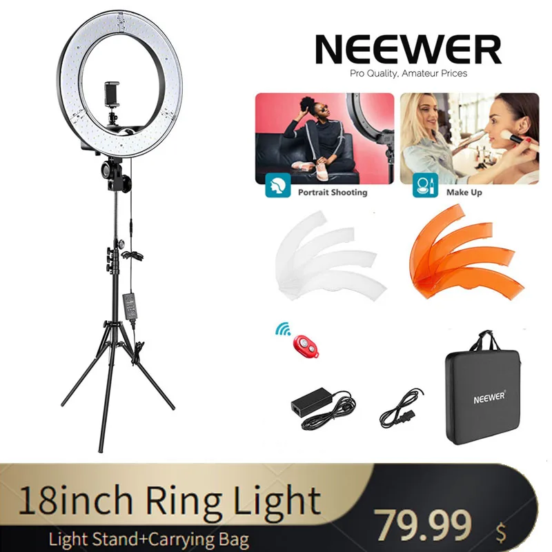 Neewer Camera Photo Video Lighting Kit: 18 Inches 5500K Dimmable LED Ring Light, Light Stand, Bluetooth Receiver for Smartphone
Neewer Camera Photo Video Lighting Kit: 18 Inches 5500K Dimmable LED Ring Light, Light Stand, Bluetooth Receiver for Smartphone