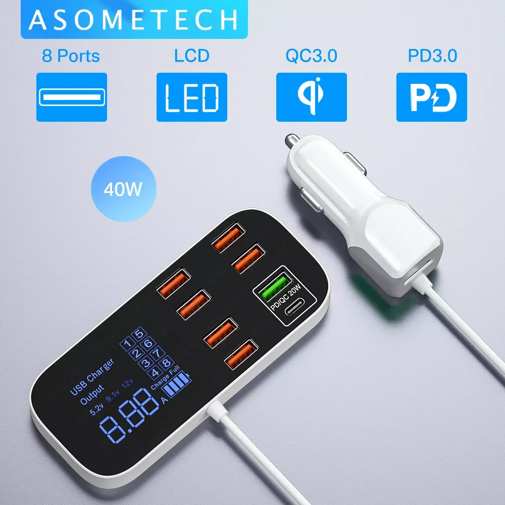 8 Ports USB Car Charger QC3.0 PD Fast Charging Phone Charger 40W 8A Multi USB Socket with LED Display for iPhone Android Samsung
8 Ports USB Car Charger QC3.0 PD Fast Charging Phone Charger 40W 8A Multi USB Socket with LED Display for iPhone Android Samsung