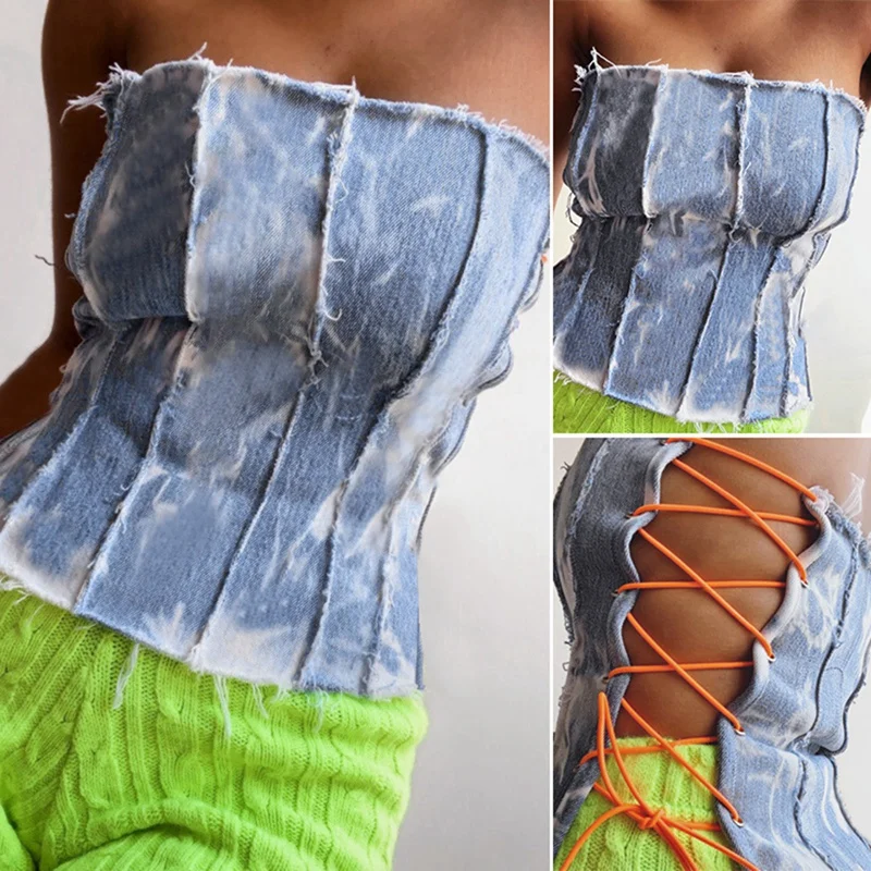 Tie Dye Print Lace Up Bandage Denim Bustier Tank Top Strapless Women Tube Corset Crop Top Cropped Streetwear
Tie Dye Print Lace Up Bandage Denim Bustier Tank Top Strapless Women Tube Corset Crop Top Cropped Streetwear