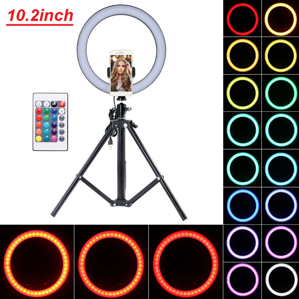 10" Selfie Ring Light With Remote Control 16-Color Camera Ring Light With Phone Holder And Tripod For Live Stream TikTok
10" Selfie Ring Light With Remote Control 16-Color Camera Ring Light With Phone Holder And Tripod For Live Stream TikTok