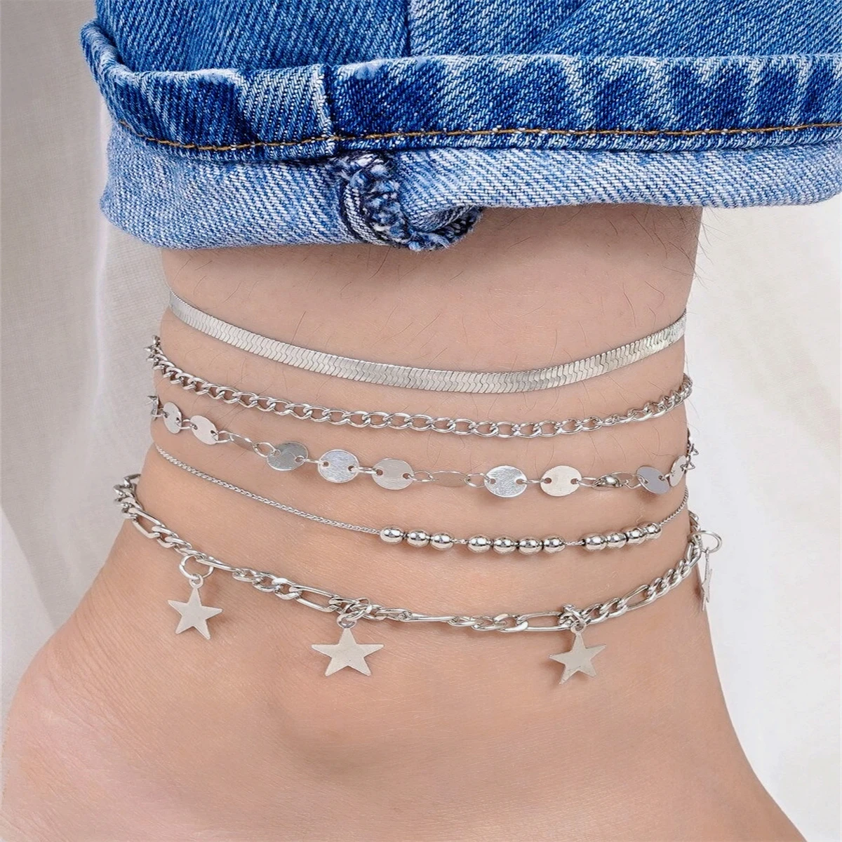 

5pcs Female Summer Anklets For Women Star Bead Anklet Set Bohemia Foot Beach Women Fashion Barefoot Chain Jewelry Gift