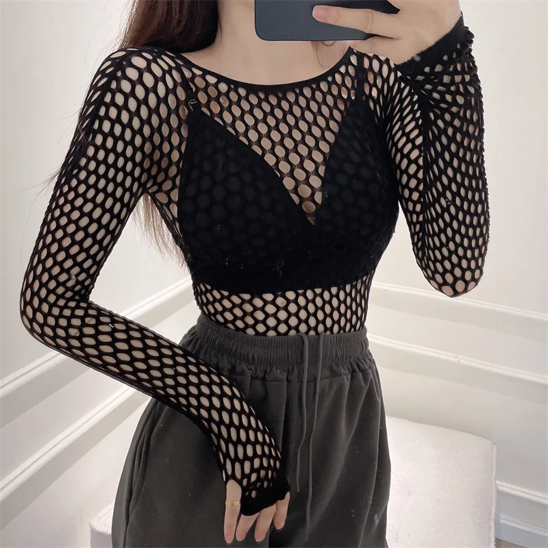 Black Fishnet Sexy Tshirt Women Hollow Out 2022 New Spring Summer New Goth Long Sleeve Crop Tops Slim Loose O Neck Sweater Women 
Black Fishnet Sexy Tshirt Women Hollow Out 2022 New Spring Summer New Goth Long Sleeve Crop Tops Slim Loose O Neck Sweater Women