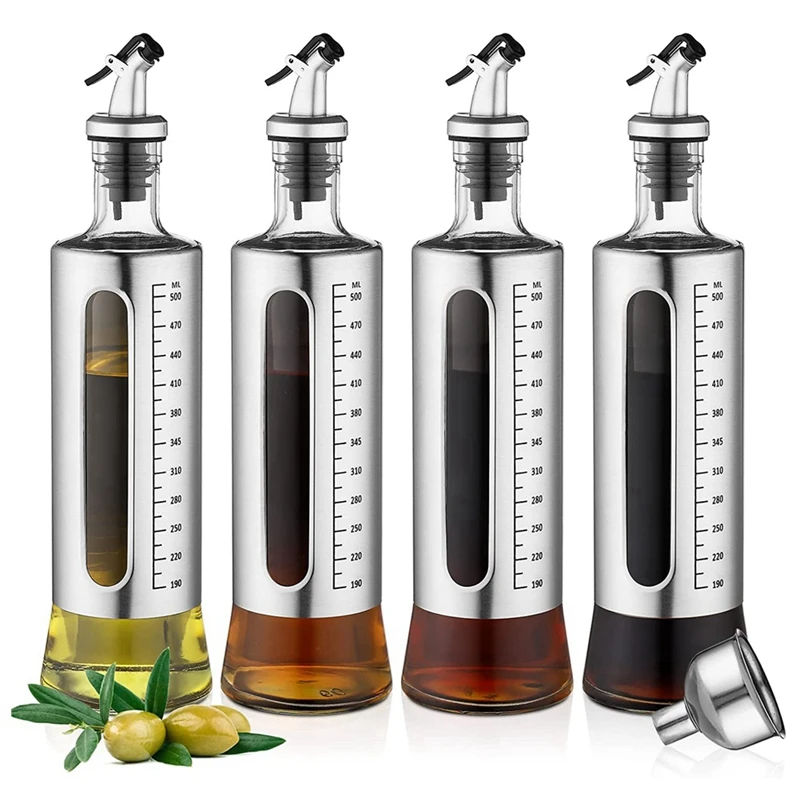 4 Pack Oil Bottle, 500Ml Olive Oil Vinegar Dispenser Bottle Set, Stainless Steel Glass Oil Dispenser with 1Pcs Funnel
4 Pack Oil Bottle, 500Ml Olive Oil Vinegar Dispenser Bottle Set, Stainless Steel Glass Oil Dispenser with 1Pcs Funnel