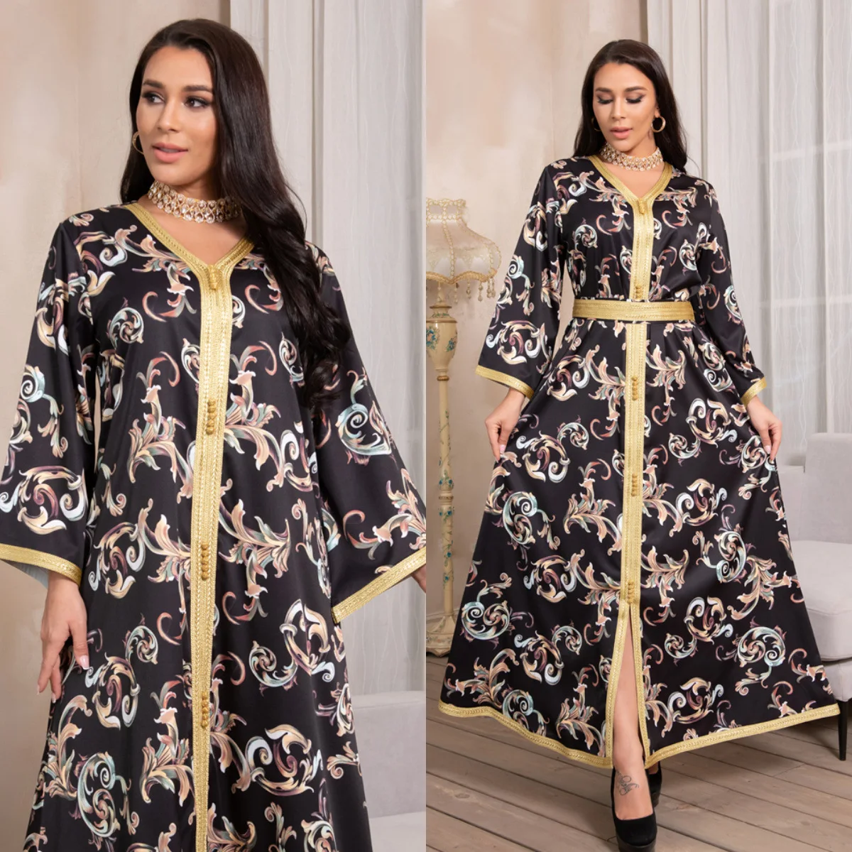 2022 New Fashion Abaya Dubai Middle East Turkey Arab Muslim Black Gold-Rimmed Printed Ladies Evening Dress
2022 New Fashion Abaya Dubai Middle East Turkey Arab Muslim Black Gold-Rimmed Printed Ladies Evening Dress