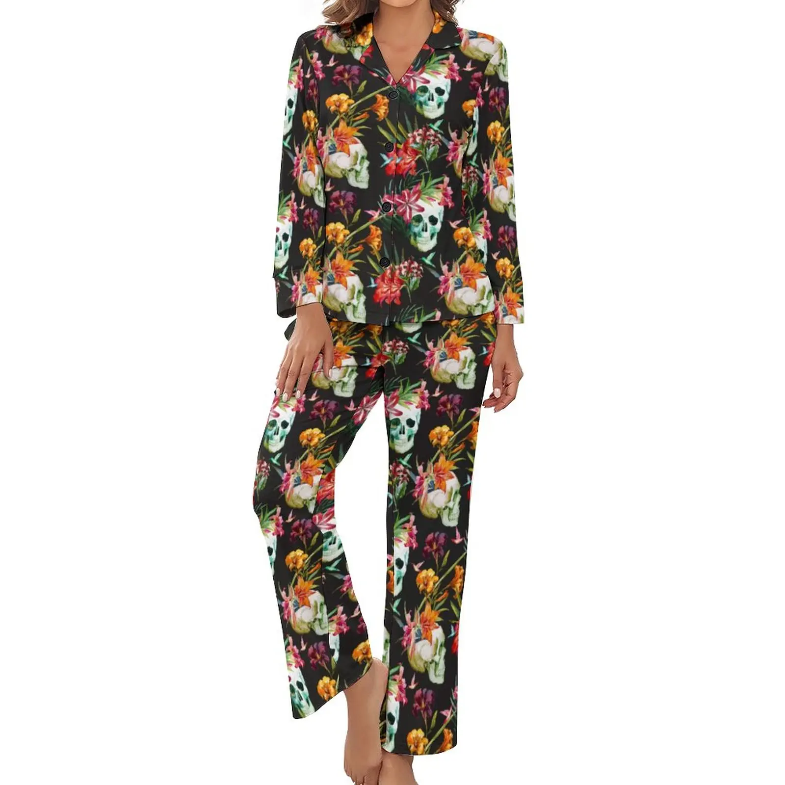 Floral Skull Print Pajamas Women Halloween Spooky Scary Skulls Trendy Nightwear Long-Sleeve Two Pieces Casual V Neck Pajamas Set
Floral Skull Print Pajamas Women Halloween Spooky Scary Skulls Trendy Nightwear Long-Sleeve Two Pieces Casual V Neck Pajamas Set