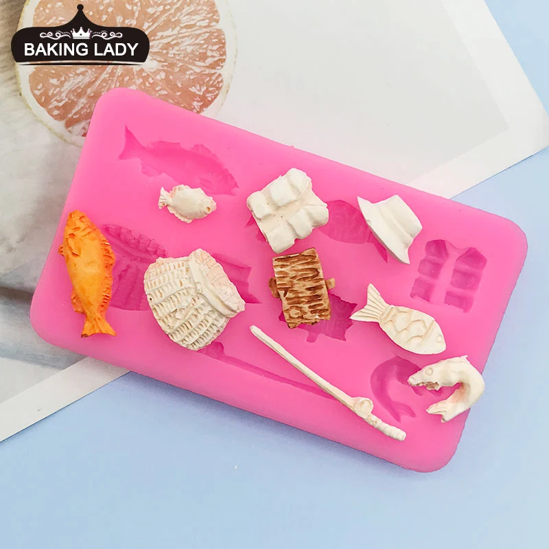 Fishing suit silicone mold DIY fishing rod fish basket clothes hat fish fondant baking mold west point mold
Fishing suit silicone mold DIY fishing rod fish basket clothes hat fish fondant baking mold west point mold