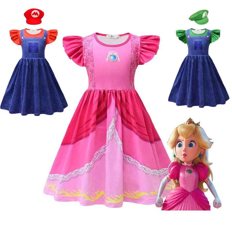 Summer Princess Peach Dress Cowboy for Girls Boys Halloween Children Birthday Party Gown Denim Bib Pants Print Luigi Costume 
Summer Princess Peach Dress Cowboy for Girls Boys Halloween Children Birthday Party Gown Denim Bib Pants Print Luigi Costume