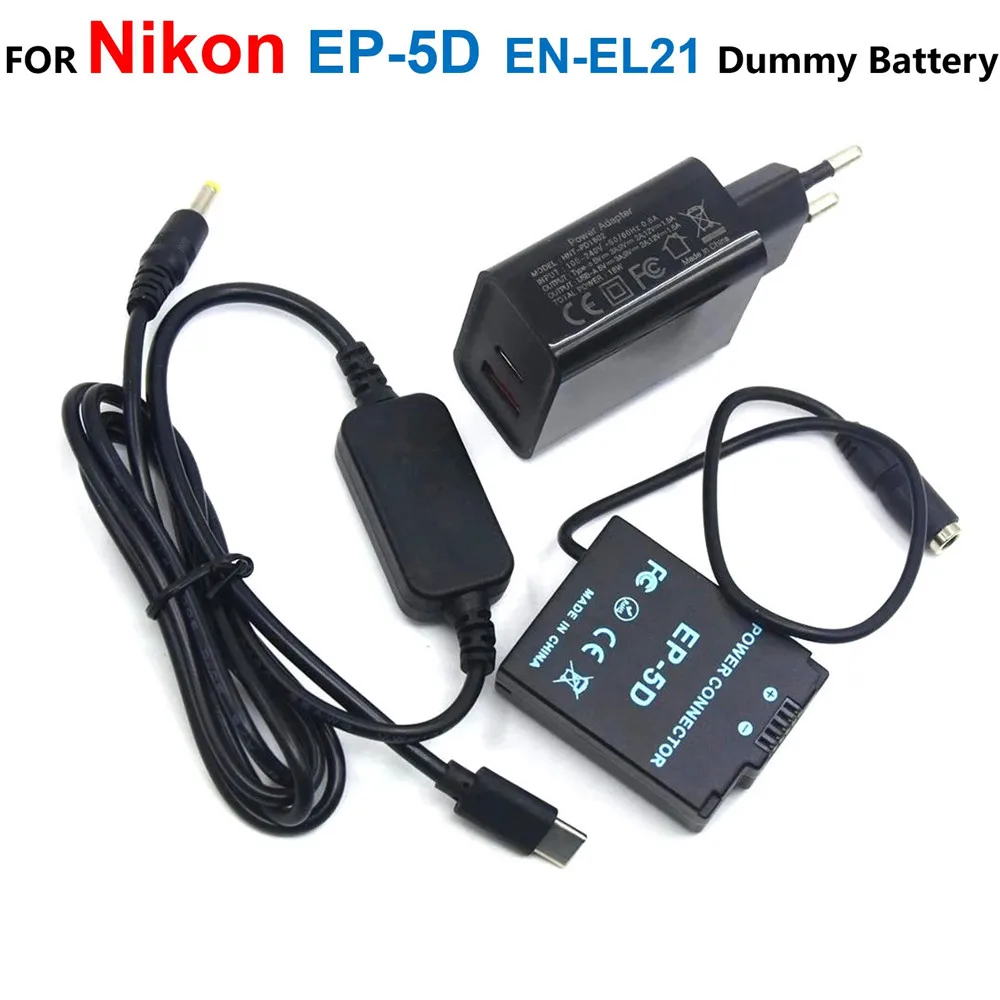 

EP-5D EP5D DC Coupler Adapter ENEL21 EN-EL21 Dummy Battery+USB Type-C Power Bank Cable+PD Charger For Nikon 1 V2 1V2 Cameras