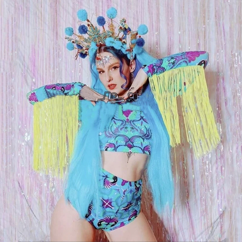 Fluorescent Yellow Tassel Sleeves Top High Waist Shorts Chinese Style Headwear Nightclub Dj Ds Pole Dance Gogo Costume XS4686
Fluorescent Yellow Tassel Sleeves Top High Waist Shorts Chinese Style Headwear Nightclub Dj Ds Pole Dance Gogo Costume XS4686