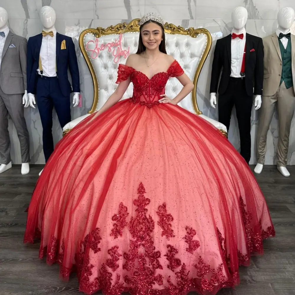 

Red Quinceanera Dress 2024 Train Ball Gown Off The Shoulder Lace Applique Birthday Pageant Sweet 15 Party Vestidos De XV Años
