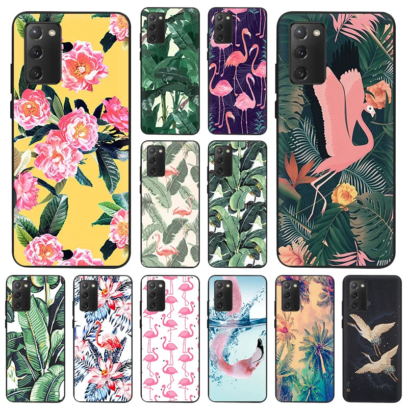 

Phone Case For Samsung S21 Plus S20 FE S10 Lite S9 Pink Flamingo Tropical Leaves Black Soft Cover For Galaxy Note20 Ultra 10 9 8
