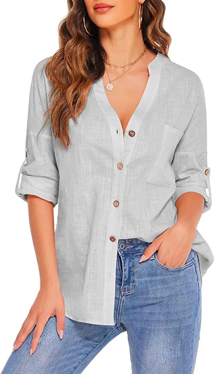 

New Summer Loose Soft Blouse 2022 Women's Casual Long Sleeve Button Up Shirt Solid Color V-Neck Shirt