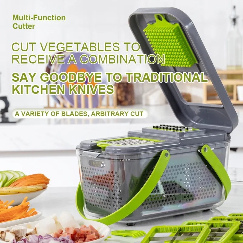 Multifunctional vegetable and fruit slicer, salad shredder, press Dicer, stainless steel blade, kitchen tools with storage box
Multifunctional vegetable and fruit slicer, salad shredder, press Dicer, stainless steel blade, kitchen tools with storage box
