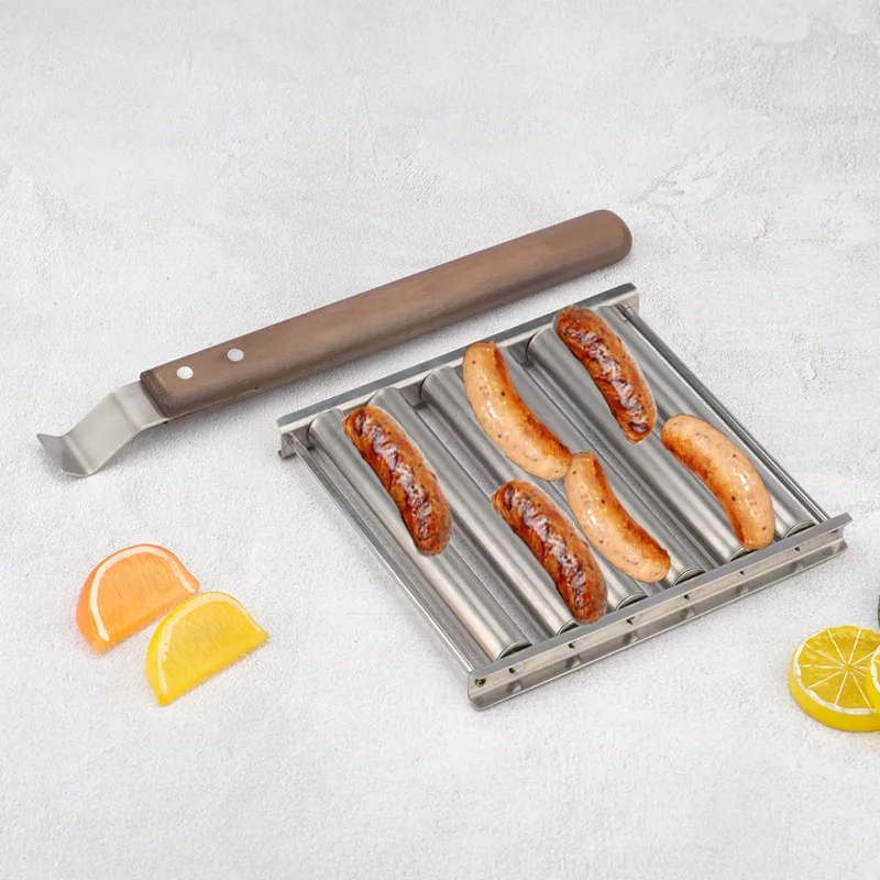 

Stainless Steel Hot Dog Sausage Roller Rack Steamer With Extra Long Wood Handle New BBQ Tools 5 Section Brat Griller,Party BBQ