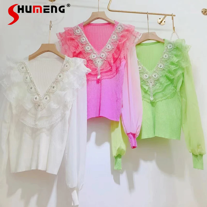 Women Fall New Korean Sweet Beads V-neck Knitted T-shirt Ladies Fashion Fairy Ruffled Stitching Loose Slimming Long Sleeves Top
Women Fall New Korean Sweet Beads V-neck Knitted T-shirt Ladies Fashion Fairy Ruffled Stitching Loose Slimming Long Sleeves Top