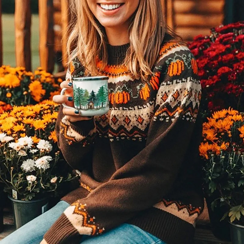 Свитер Хэллоуин Boho вязаные пуловеры с тыквой женский рождественский джемпер