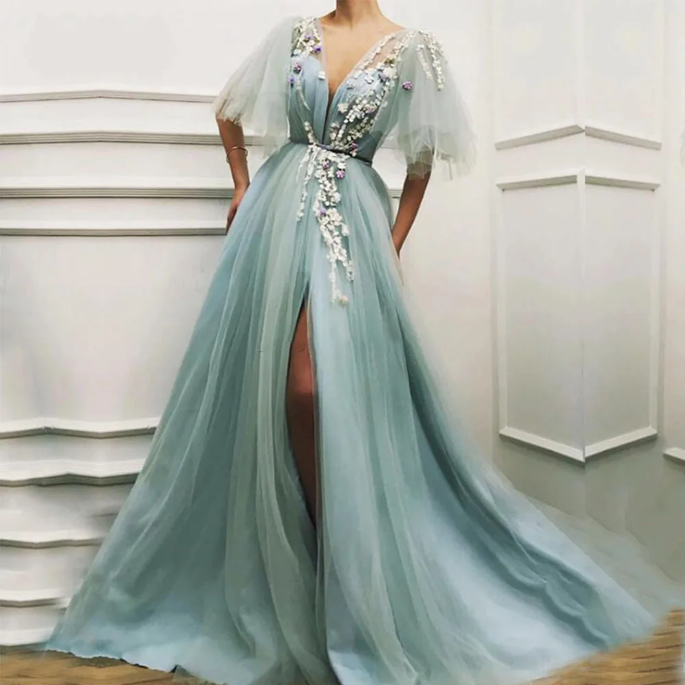 Elfin Light Green Fairy Prom Dresses Appliques 3D Flowers Short Sleeves Tulle Evening Gown Side Split Celebrity Party Dress
Elfin Light Green Fairy Prom Dresses Appliques 3D Flowers Short Sleeves Tulle Evening Gown Side Split Celebrity Party Dress