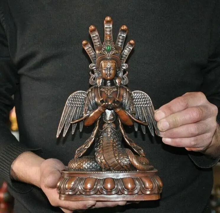 10"Old Tibet Bronze inlay gem 5-Heads Snake Naga Kanya Snake Fairy Buddha Statue
10"Old Tibet Bronze inlay gem 5-Heads Snake Naga Kanya Snake Fairy Buddha Statue