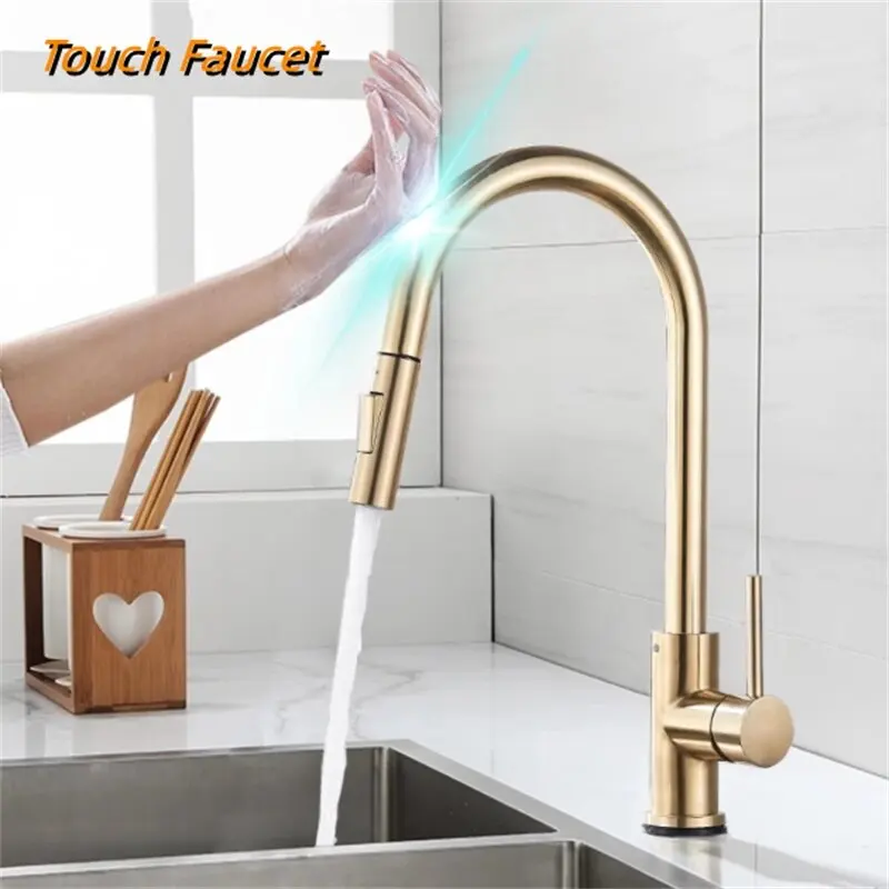 

Mixer brushed color rotate freely stainless faucet out sensor pull Luxury mode water water tap Touch outlet kitchen dual steel