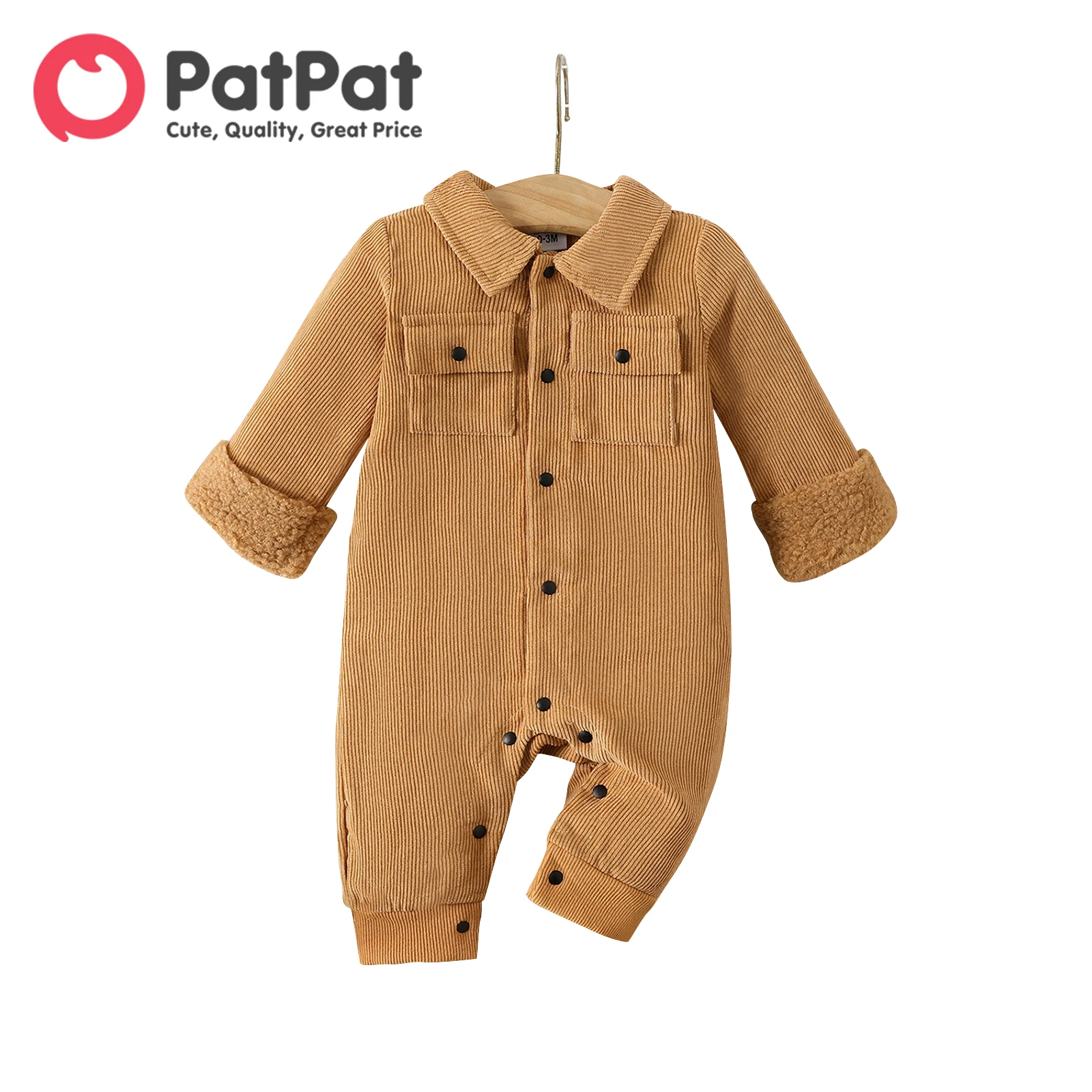 

PatPat Baby Boy/Girl Solid Sherpa Fleece Spliced Corduroy Long-sleeve Button Jumpsuit