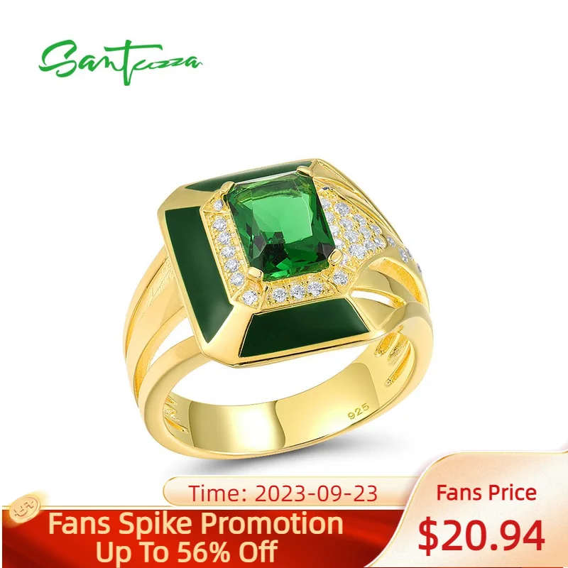 

SANTUZZA Pure 925 Sterling Silver Rings For Women Sparkling Green Stones White CZ Solitaire Ring Fine Jewelry Handmade Enamel