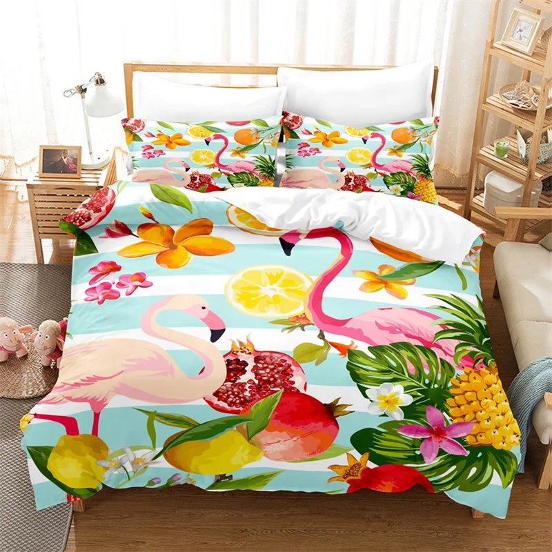 

Flamingo Duvet Cover Queen Hawaiian Style Animal Theme Bedding Set Microfiber Tropical Botanical Leaves Floral Comforter Cover