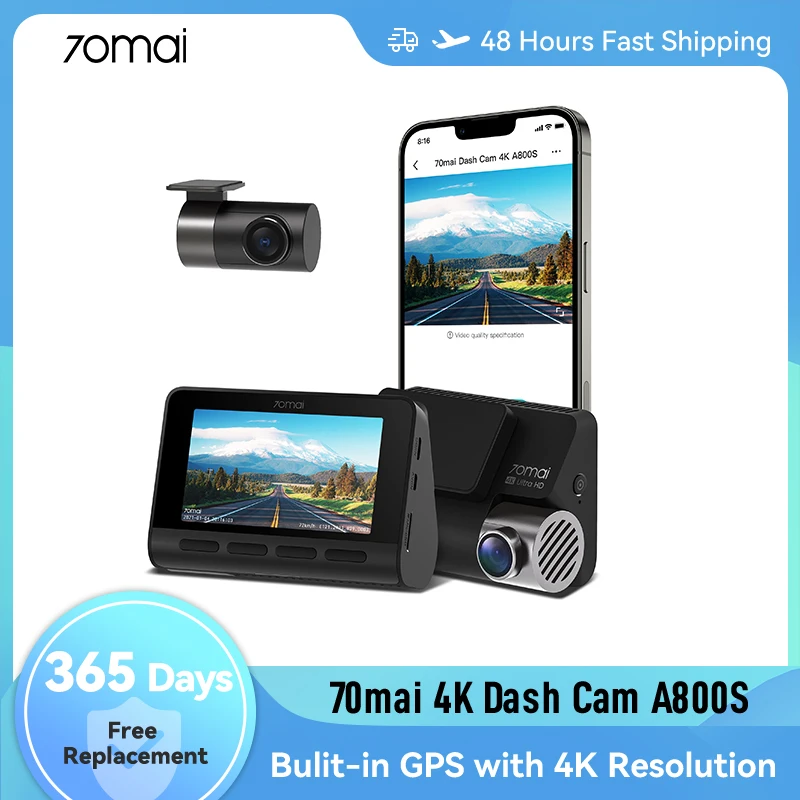 

70mai A800S 4K Dash Cam Flagship Camera 2160P Resolution Support GPS ADAS Dual-Channel Recording 140FOV 24H Parking Surveillance