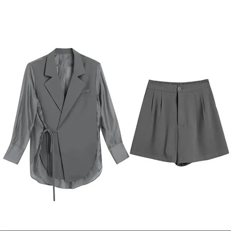 Spring Summer Solid Blazer Tow Piece Set Women Notched Collar Chiffon Patchwork Lace Up Coats+Wide Leg Carog Shorts
Spring Summer Solid Blazer Tow Piece Set Women Notched Collar Chiffon Patchwork Lace Up Coats+Wide Leg Carog Shorts