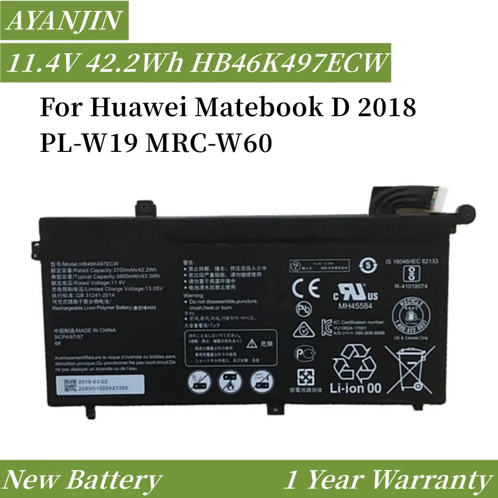 

New 11.4V 42.2Wh/3700mAh HB46K497ECW Laptop Battery For Huawei Matebook D 2018 PL-W19 MRC-W60