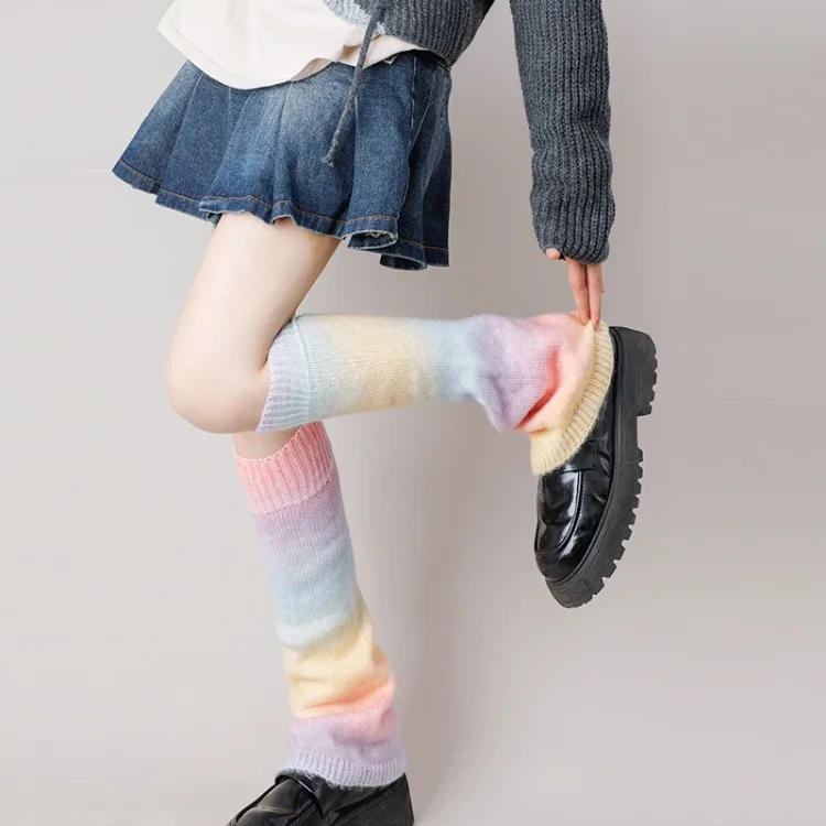 

Vintage Rainbow Gradient Jk Pile Up Socks Foot Warming Cover Sweet Thicked Warm Knitted Socks Y2k Goth Lolita Leg Warmers