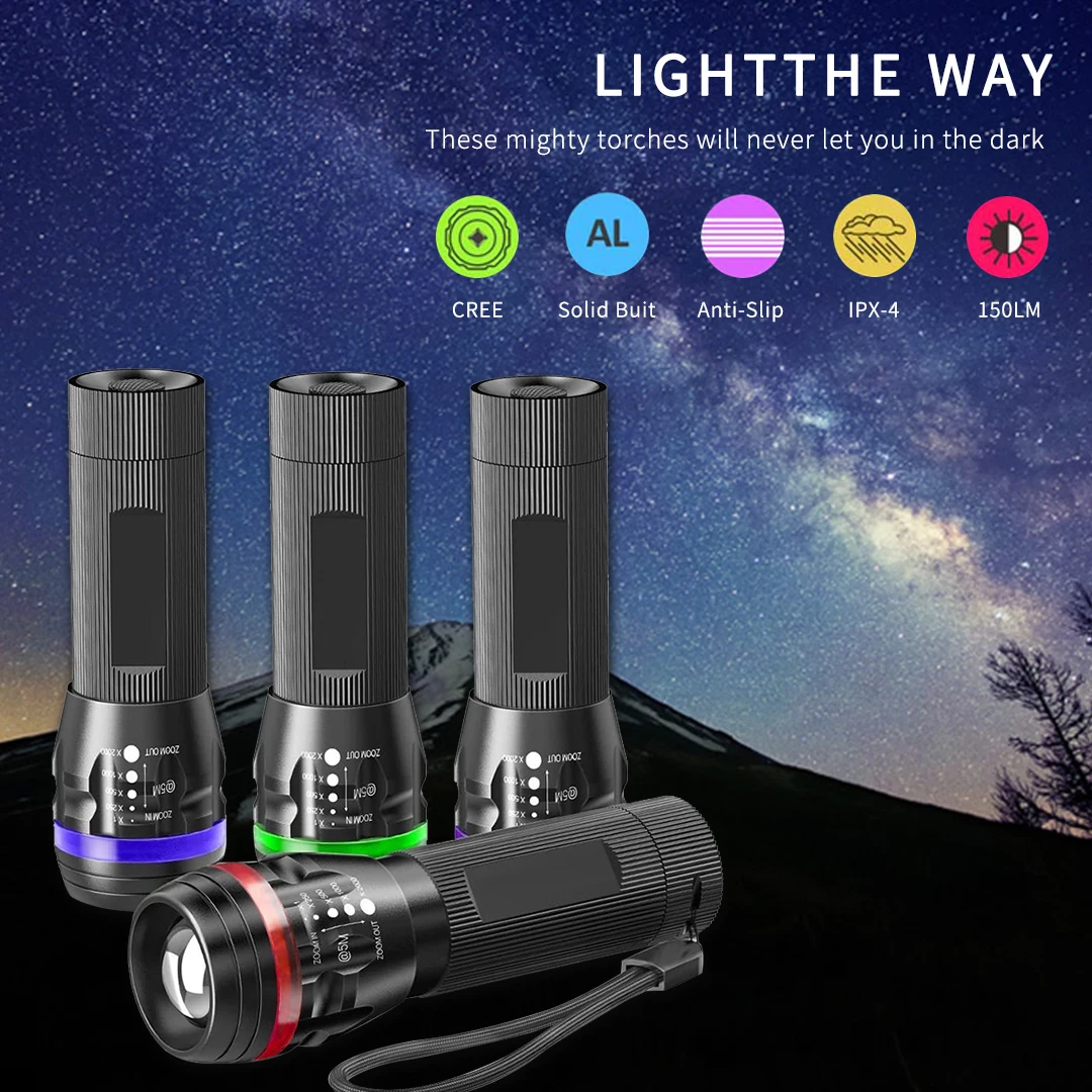 

4 Pcs Mini LED Torches 150 Lumen Zoom Pocket Flashlight 3 Modes With Color Ring