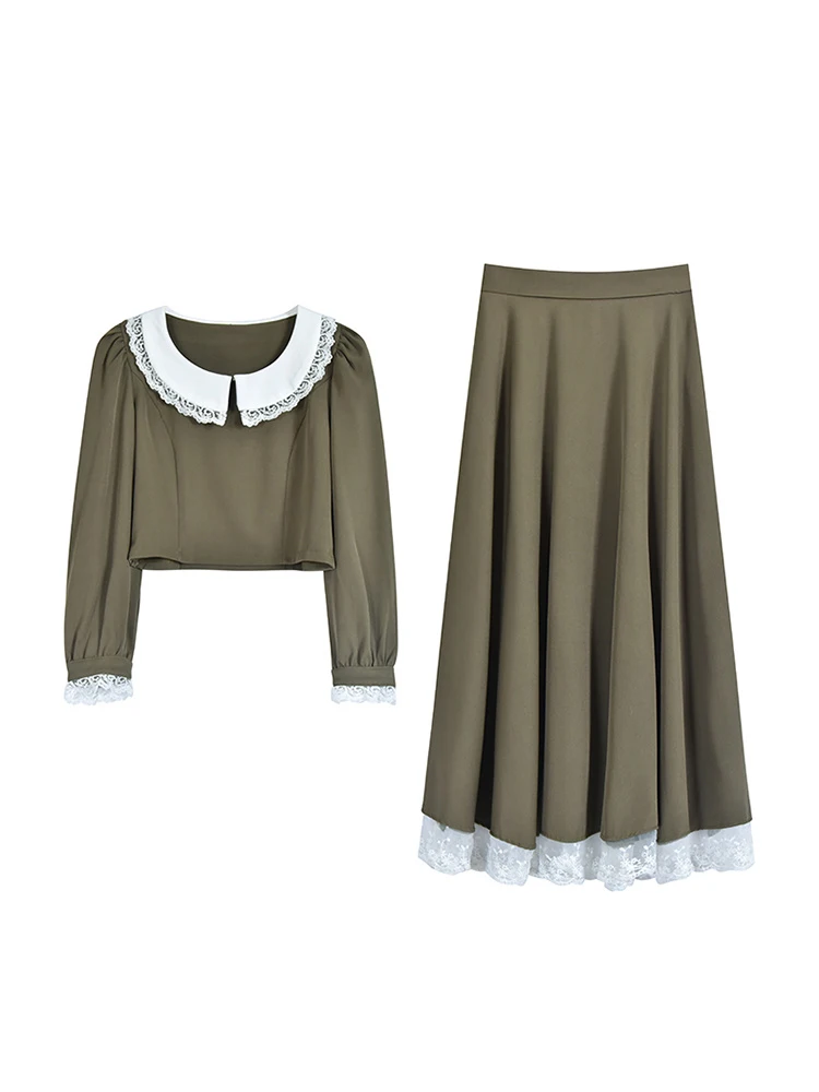 Women French Elegance Lace Patchwork Autumn 2 Pieces Outfit Peter Pan Collar Pleated Long Sleeve+A-line High Waist Midi Skirt
Women French Elegance Lace Patchwork Autumn 2 Pieces Outfit Peter Pan Collar Pleated Long Sleeve+A-line High Waist Midi Skirt