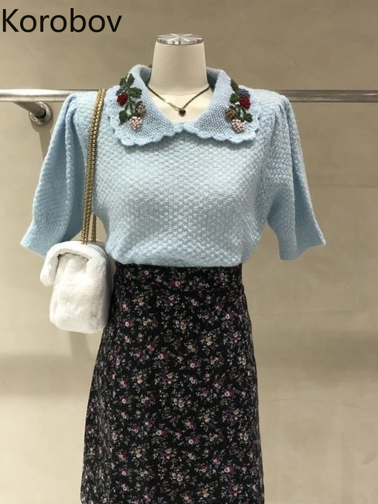 Korobov Korean Chic Cute Age Reduction Lapel Embroidery Short Sleeve Embroidered Thin Sweater Vintage Knitting Sueters De Mujer
Korobov Korean Chic Cute Age Reduction Lapel Embroidery Short Sleeve Embroidered Thin Sweater Vintage Knitting Sueters De Mujer